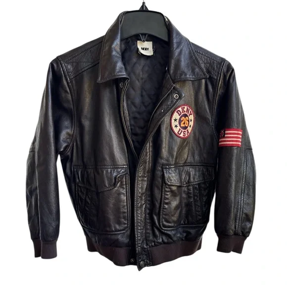 RARE FIND Vintage DKNY boys leather bomber jacket Sz 12 90's style